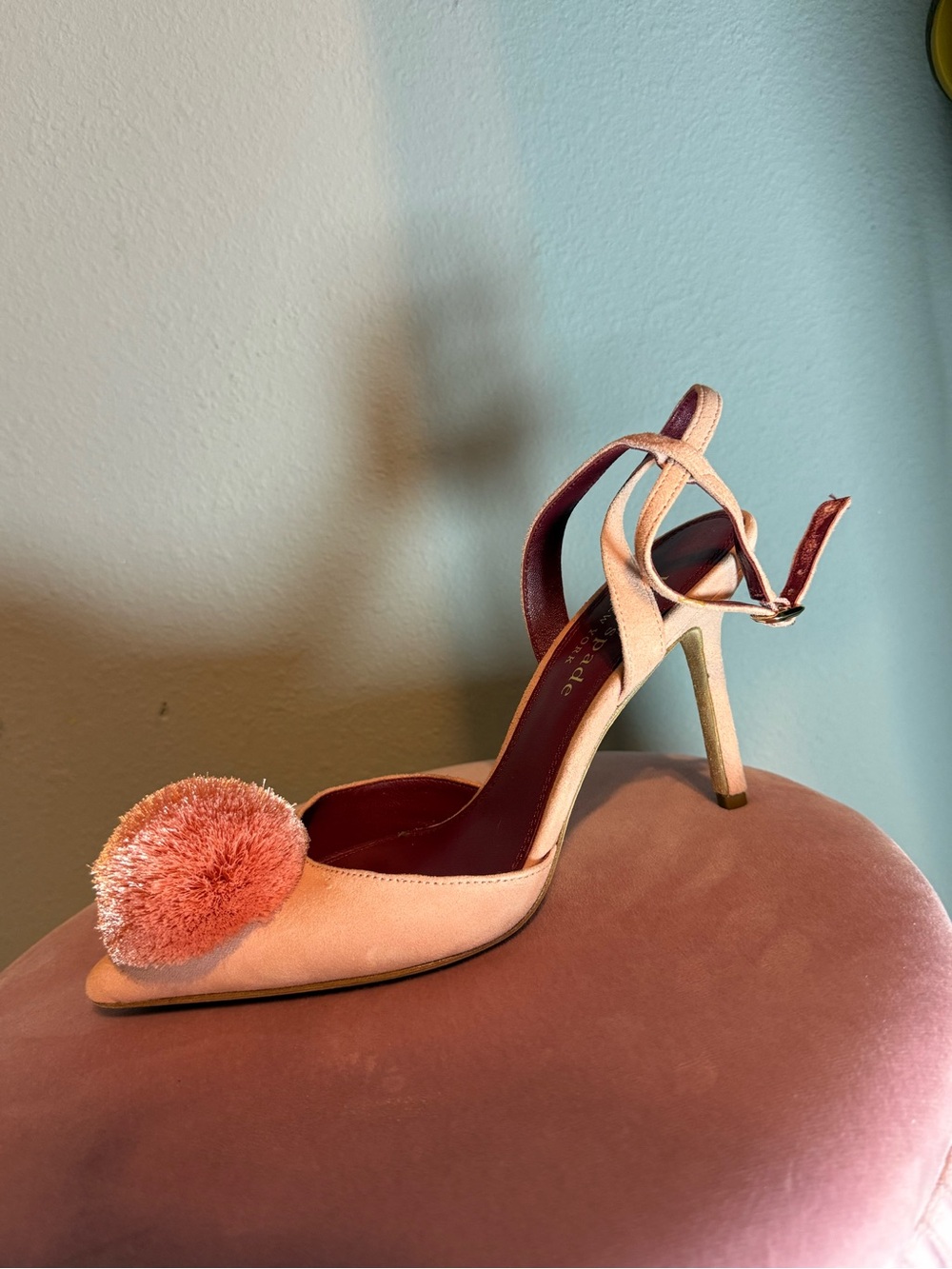 kate spade Coral Pink Suede Pom-Pom Ankle-Strap Heels size 6 - Picture 5 of 9